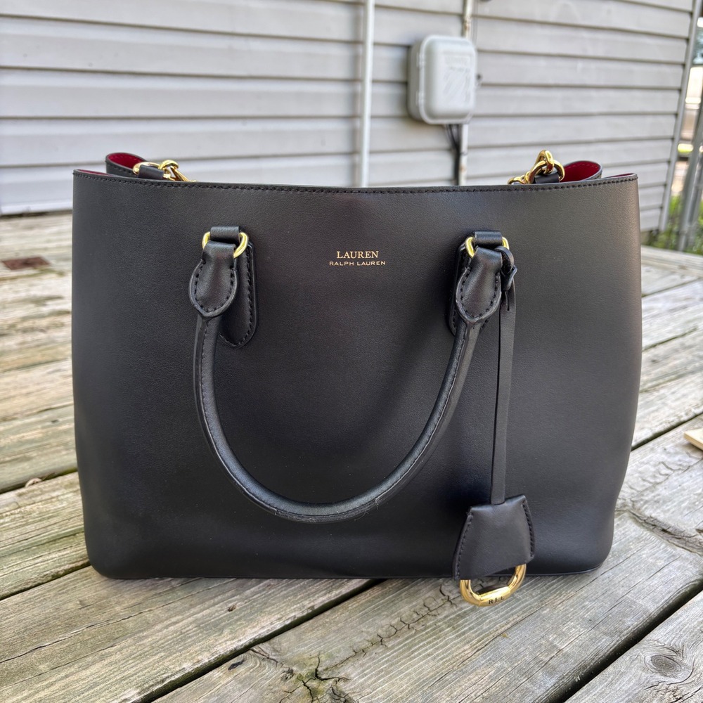 Lauren Ralph Lauren Marcy II Black Leather Satchel Tote Bag Red Interior Gold HW